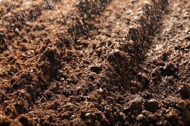 Photo of Texture of fresh soil as background, closeup