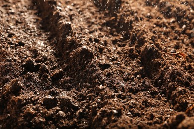 Photo of Texture of fresh soil as background, closeup