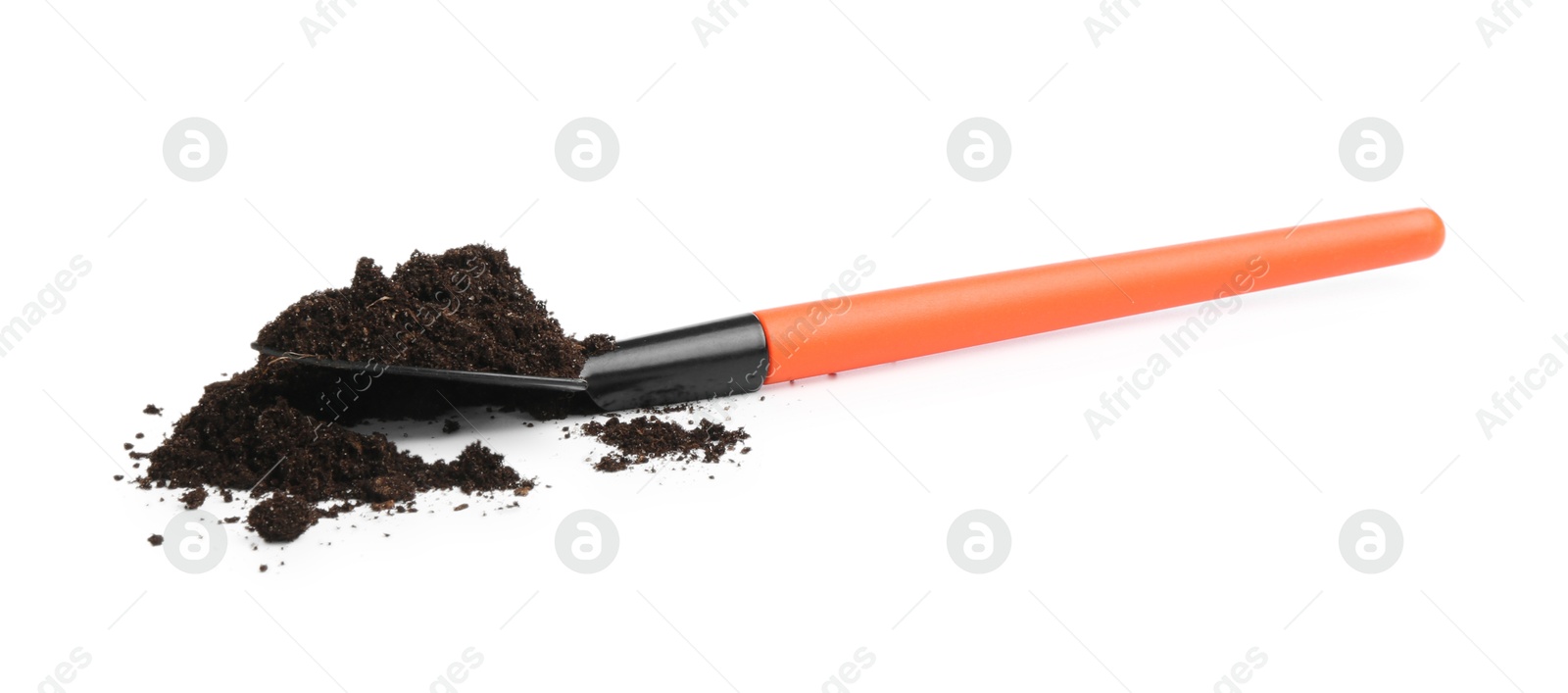 Photo of Shovel with fresh soil isolated on white