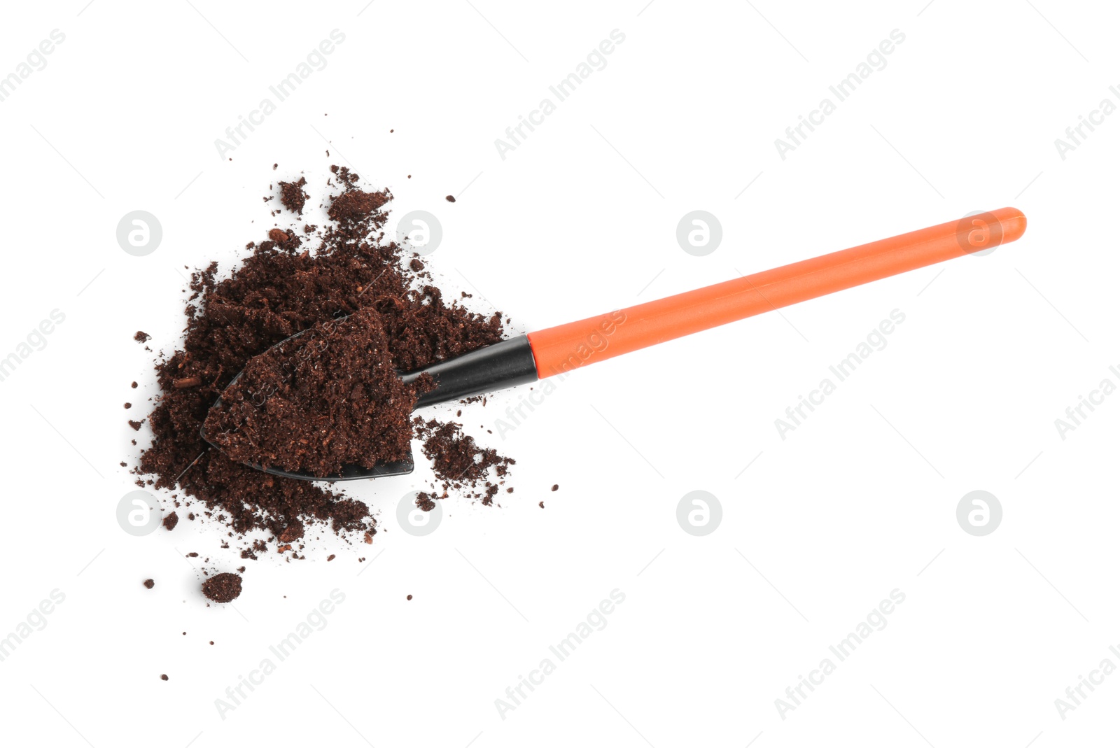 Photo of Shovel with fresh soil isolated on white, top view