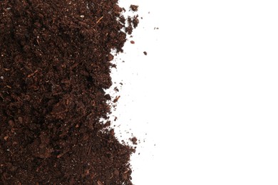 Photo of Pile of fresh soil isolated on white, top view