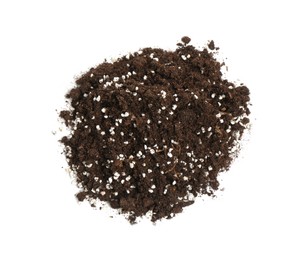 Photo of Fresh soil with fertilizer isolated o white, top view