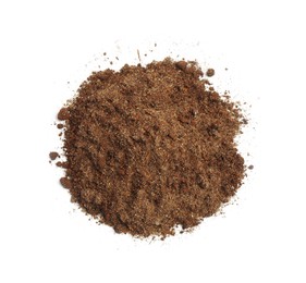 Photo of Pile of fresh soil isolated on white, top view