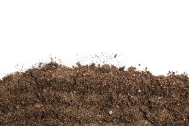 Photo of Fresh soil isolated on white, top view