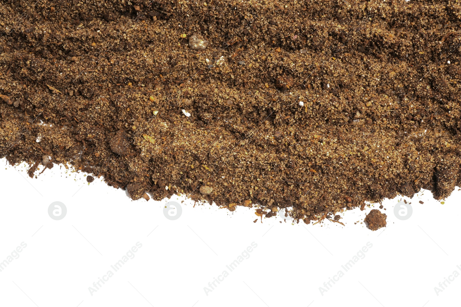 Photo of Fresh soil isolated on white, top view