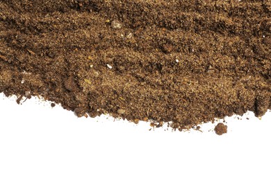 Photo of Fresh soil isolated on white, top view