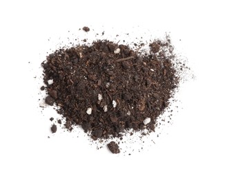 Photo of Pile of fresh soil isolated on white, top view