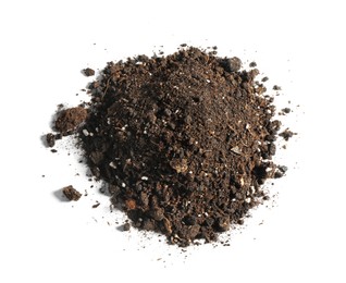 Photo of Pile of fresh soil isolated on white, top view