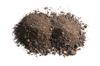 Photo of Piles of fresh soil isolated on white, top view