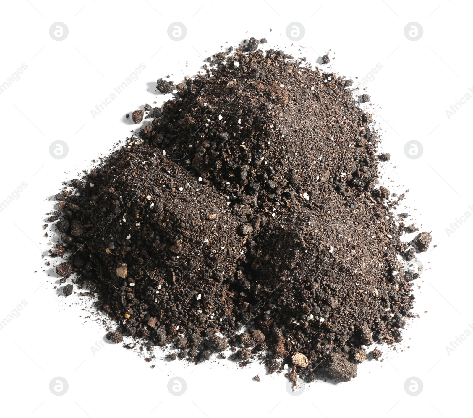 Photo of Piles of fresh soil isolated on white, top view