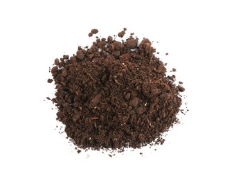 Photo of Pile of fresh soil isolated on white, top view