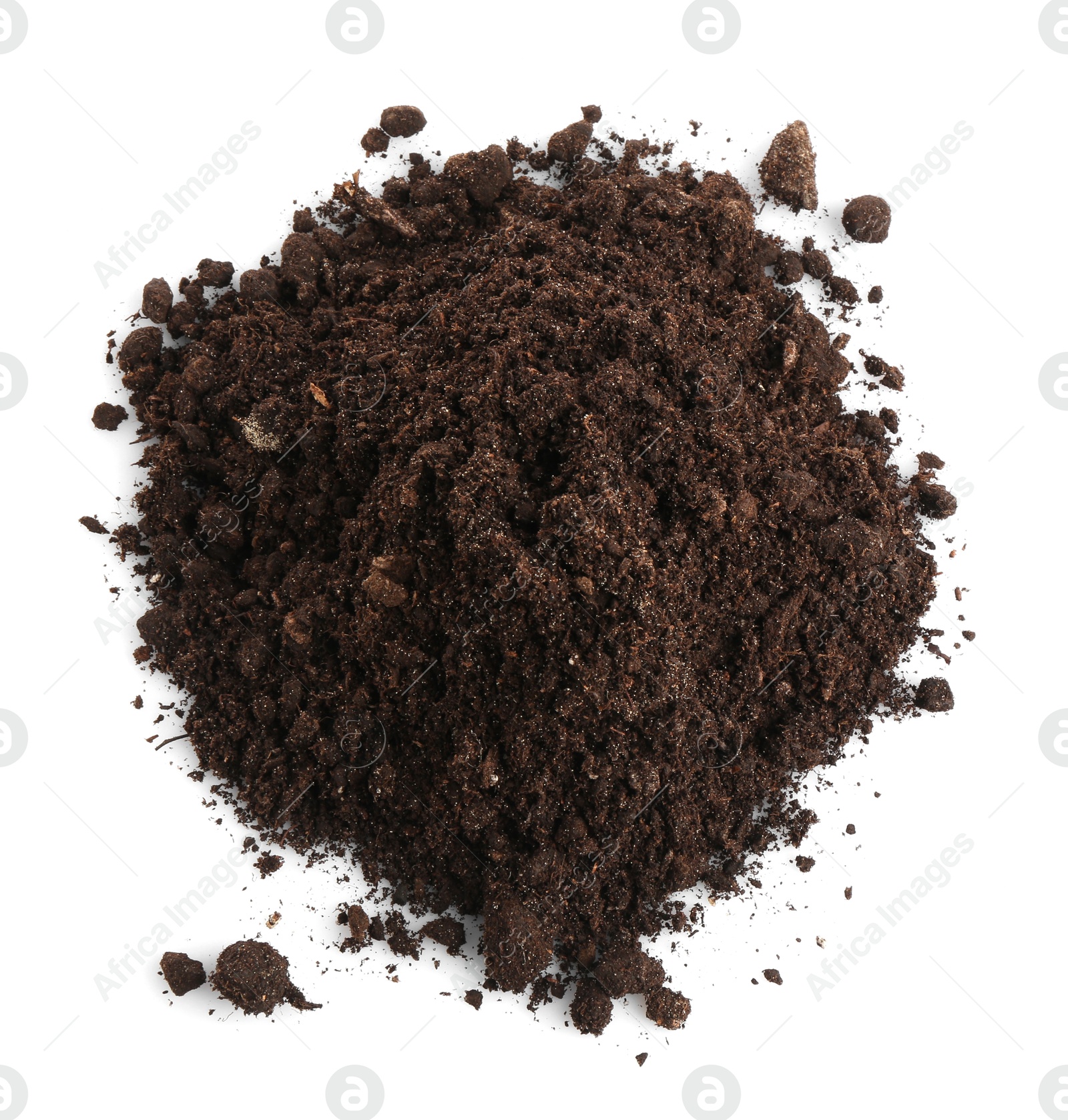 Photo of Pile of fresh soil isolated on white, top view