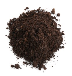 Photo of Pile of fresh soil isolated on white, top view