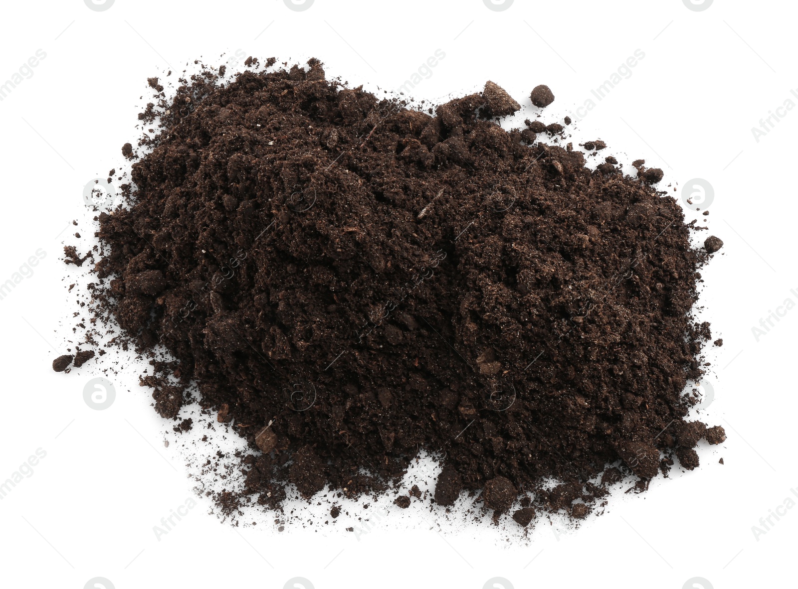 Photo of Piles of fresh soil isolated on white, top view