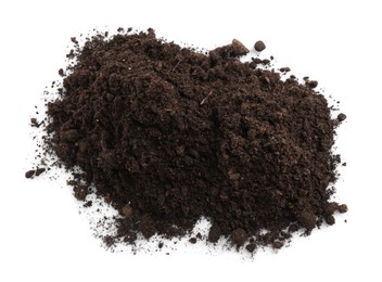 Photo of Piles of fresh soil isolated on white, top view