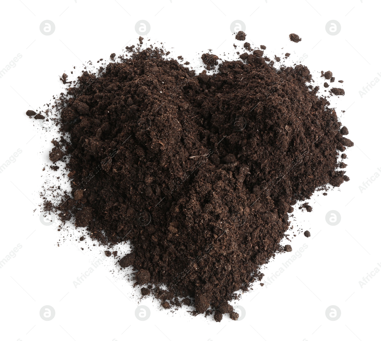 Photo of Piles of fresh soil isolated on white, top view