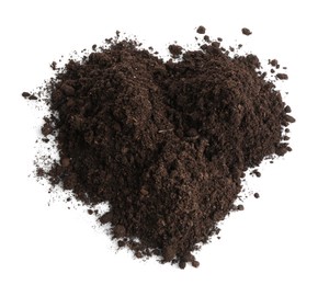 Photo of Piles of fresh soil isolated on white, top view