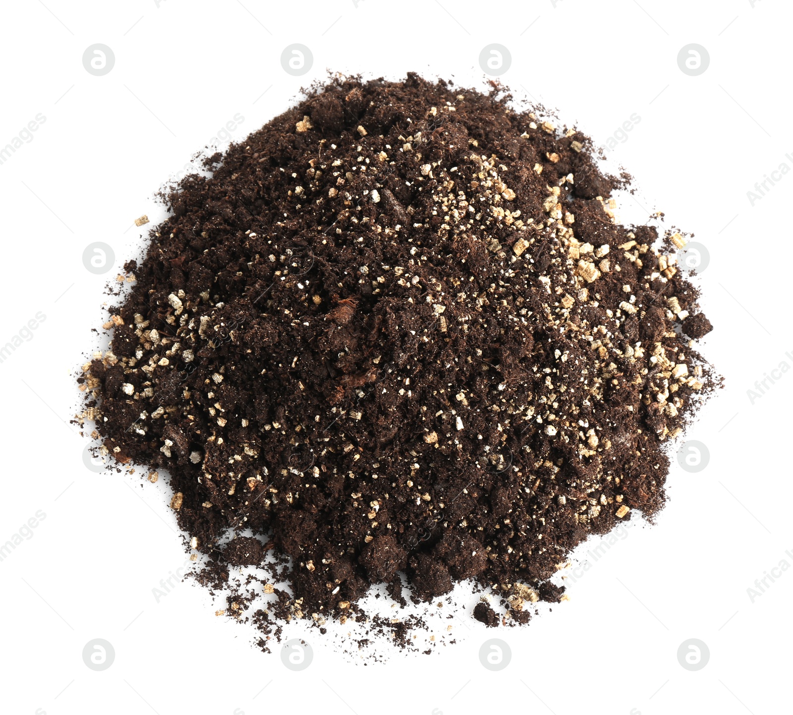 Photo of Pile of fresh soil isolated on white, top view