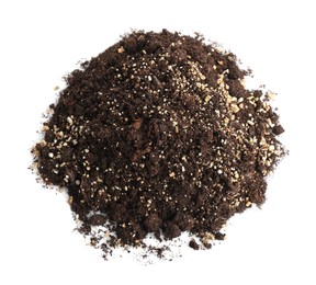 Photo of Pile of fresh soil isolated on white, top view