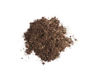 Photo of Pile of fresh soil isolated on white, top view