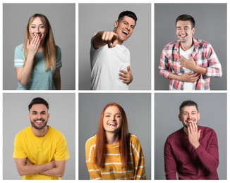 Image of Different people laughing on grey background, collage of portraits