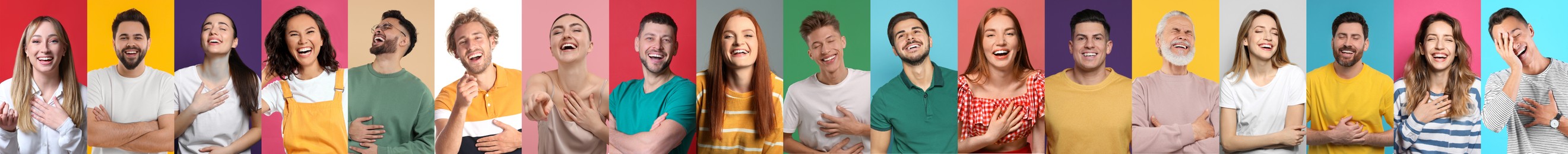 Different people laughing on colorful backgrounds, collage of portraits