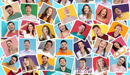 Image of Different people laughing on colorful backgrounds, collage of photos