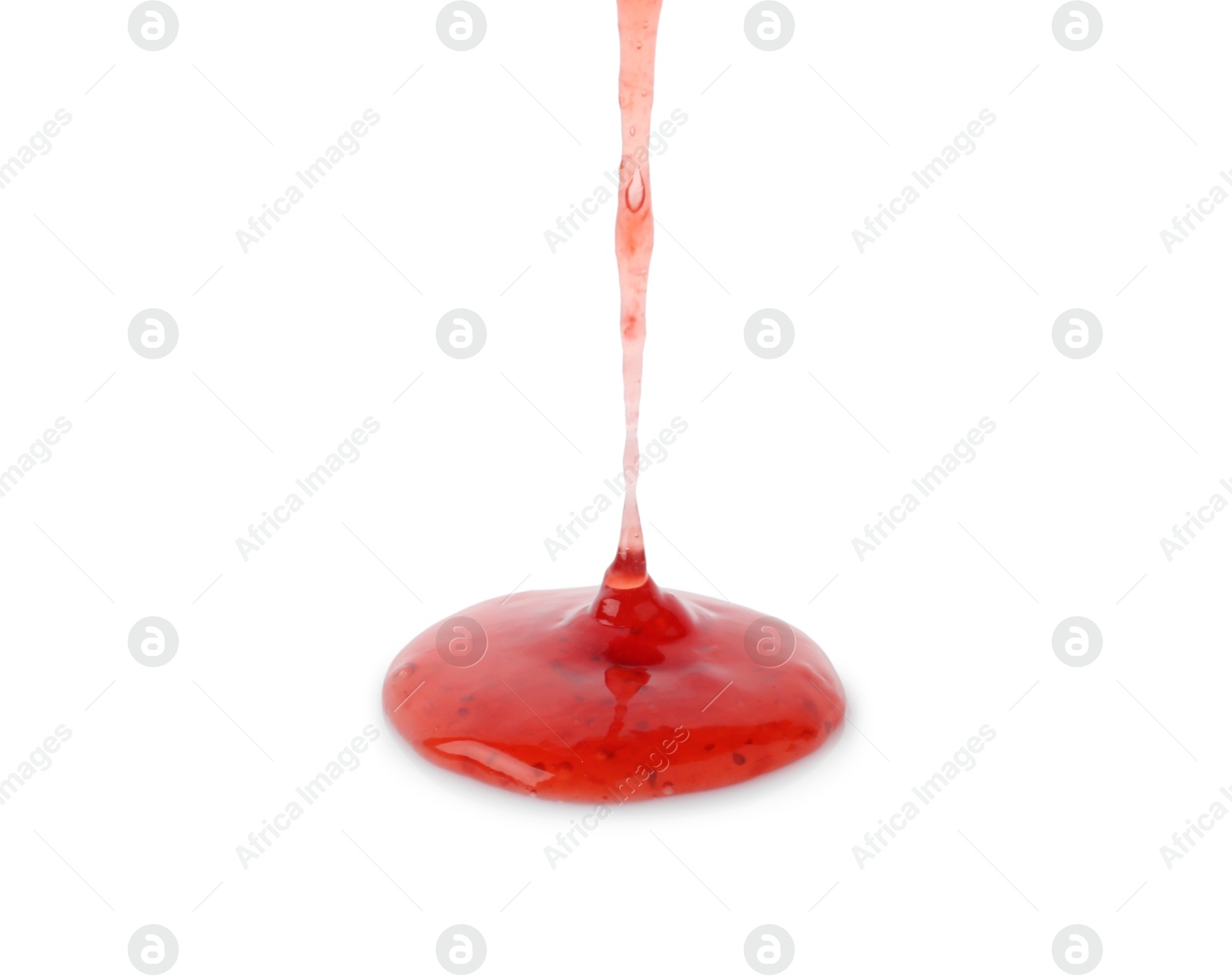 Photo of Pouring delicious strawberry sauce on white background, closeup