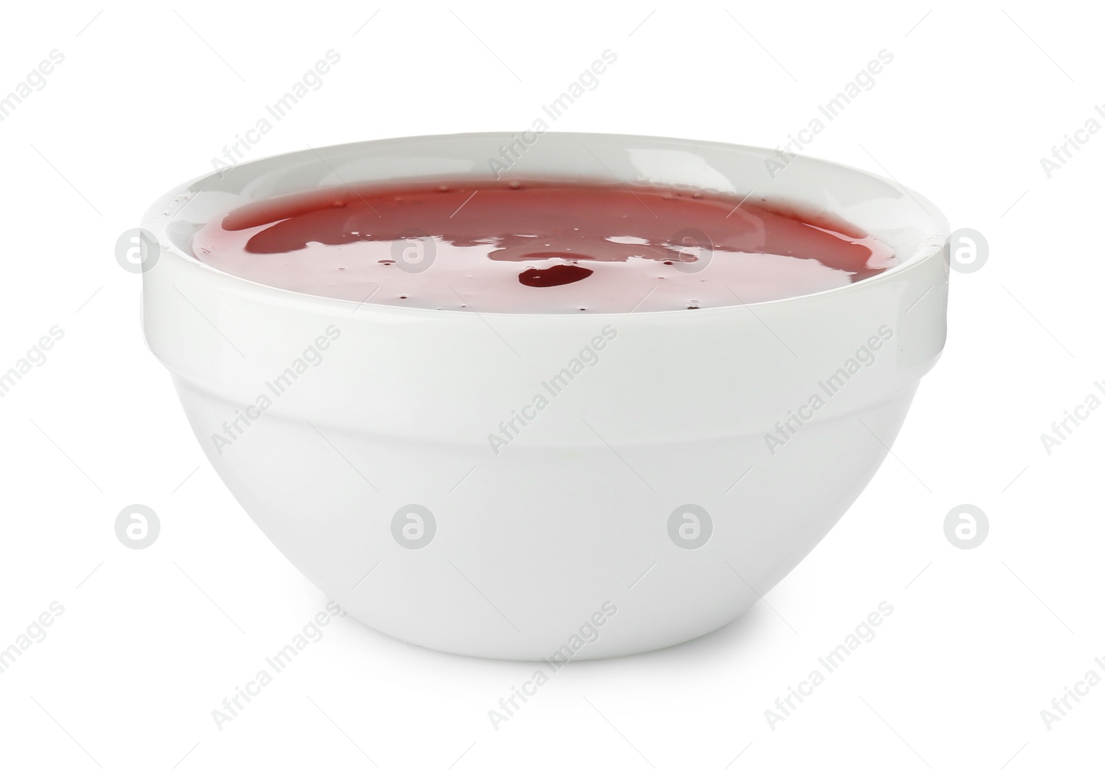 Photo of Delicious strawberry sauce in bowl isolated on white