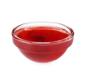 Photo of Delicious strawberry sauce in bowl isolated on white