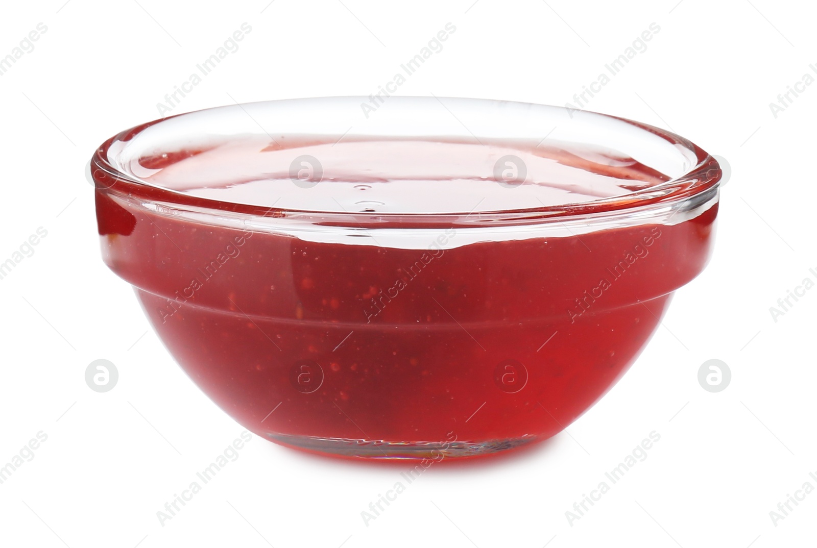 Photo of Delicious strawberry sauce in bowl isolated on white