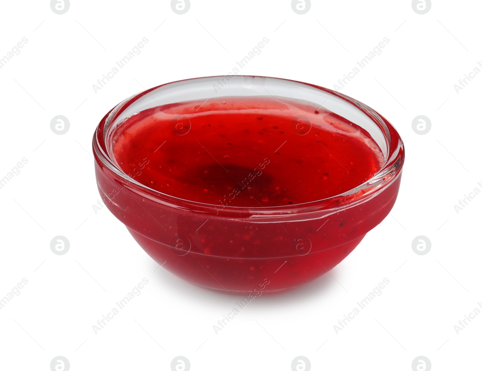 Photo of Delicious strawberry sauce in bowl isolated on white