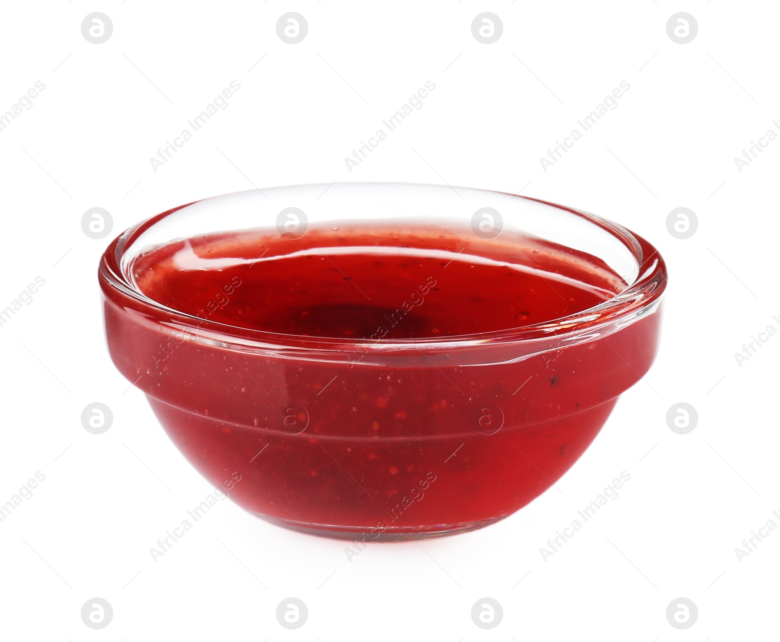 Photo of Delicious strawberry sauce in bowl isolated on white