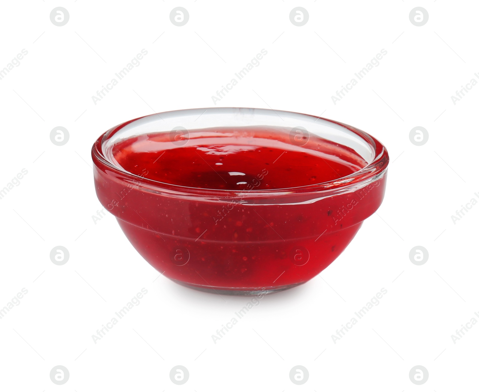 Photo of Delicious strawberry sauce in bowl isolated on white