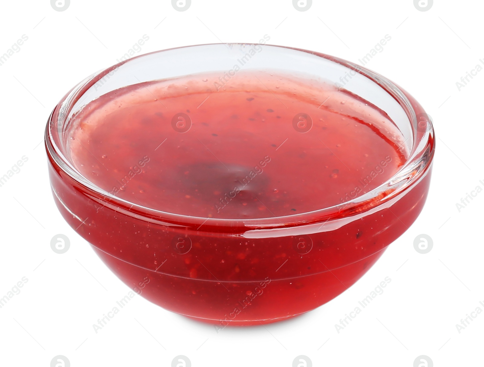 Photo of Delicious strawberry sauce in bowl isolated on white