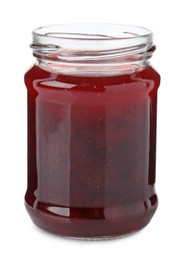 Photo of Delicious strawberry sauce in glass jar isolated on white