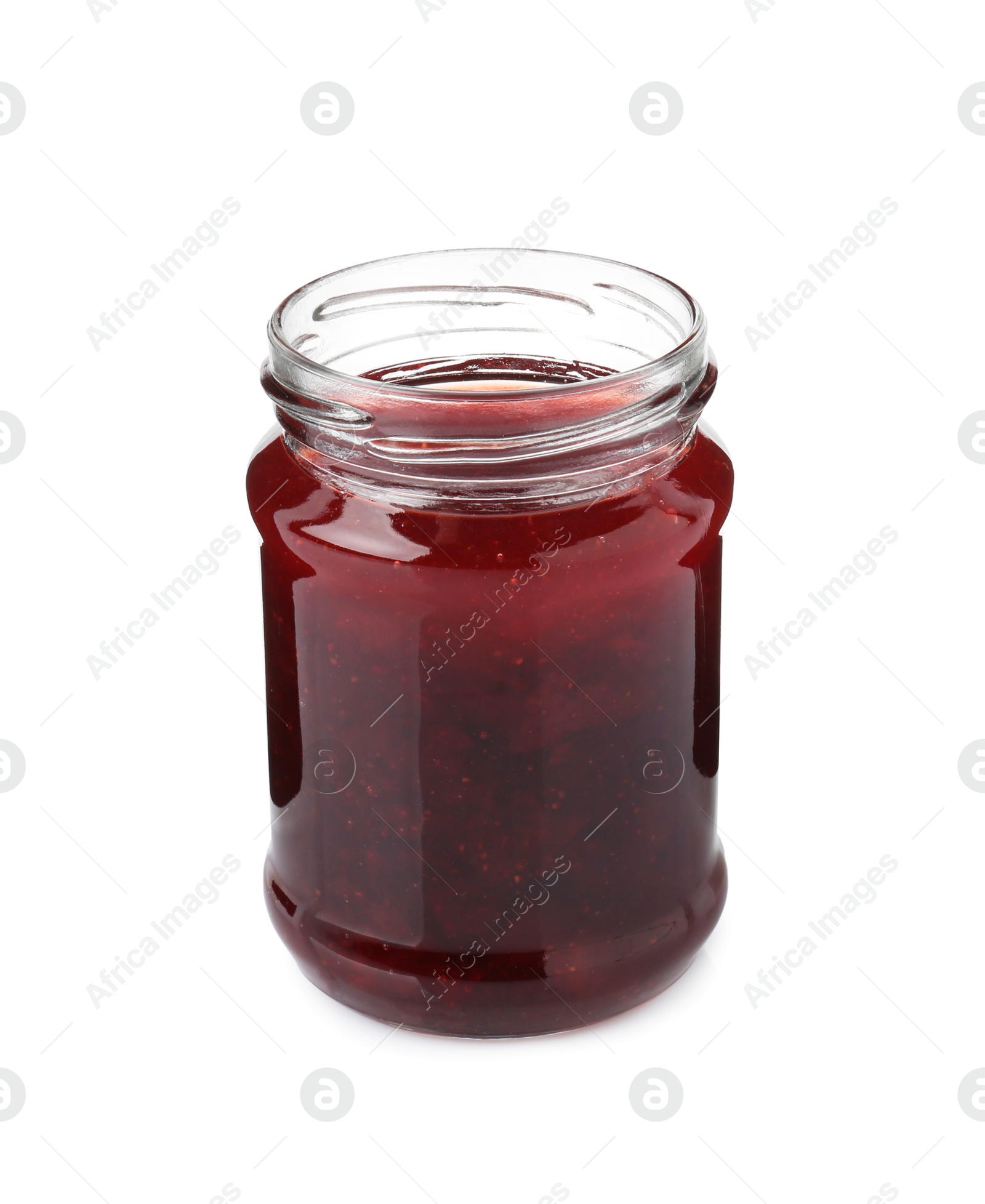 Photo of Delicious strawberry sauce in glass jar isolated on white