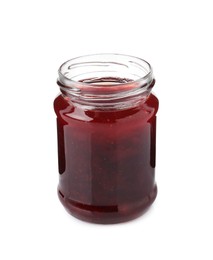 Photo of Delicious strawberry sauce in glass jar isolated on white