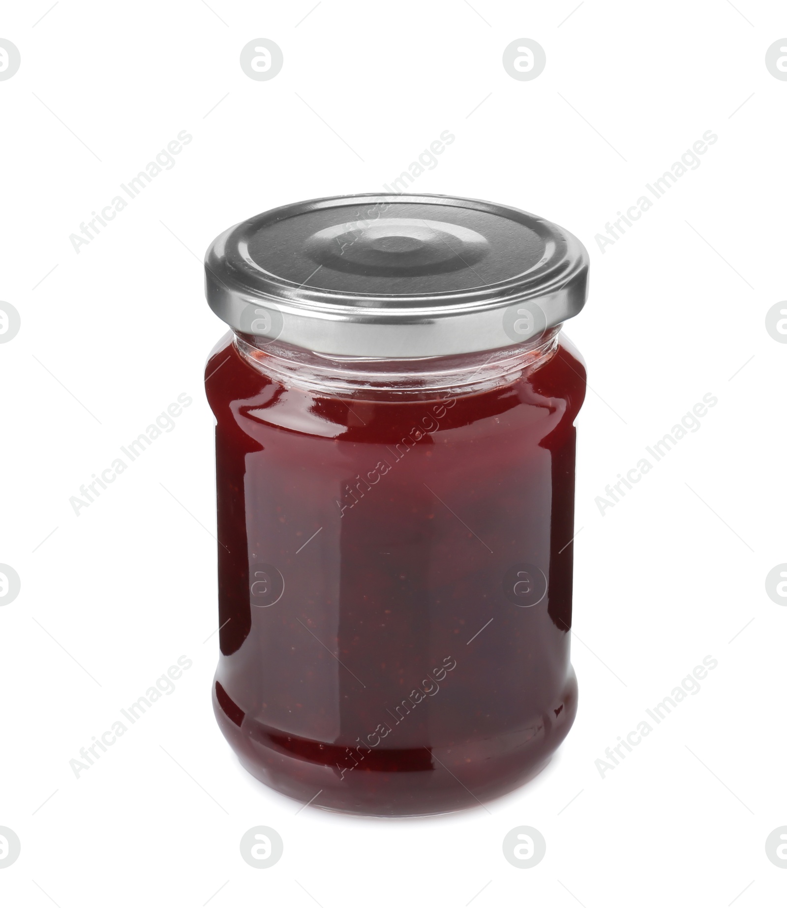 Photo of Delicious strawberry sauce in glass jar isolated on white