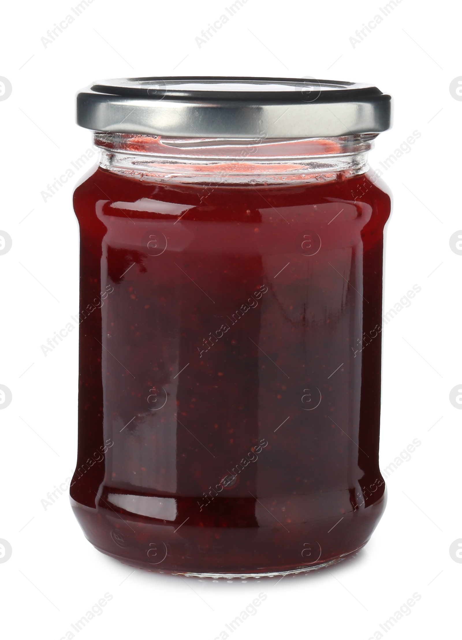 Photo of Delicious strawberry sauce in glass jar isolated on white