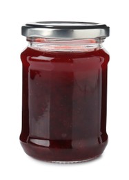 Photo of Delicious strawberry sauce in glass jar isolated on white