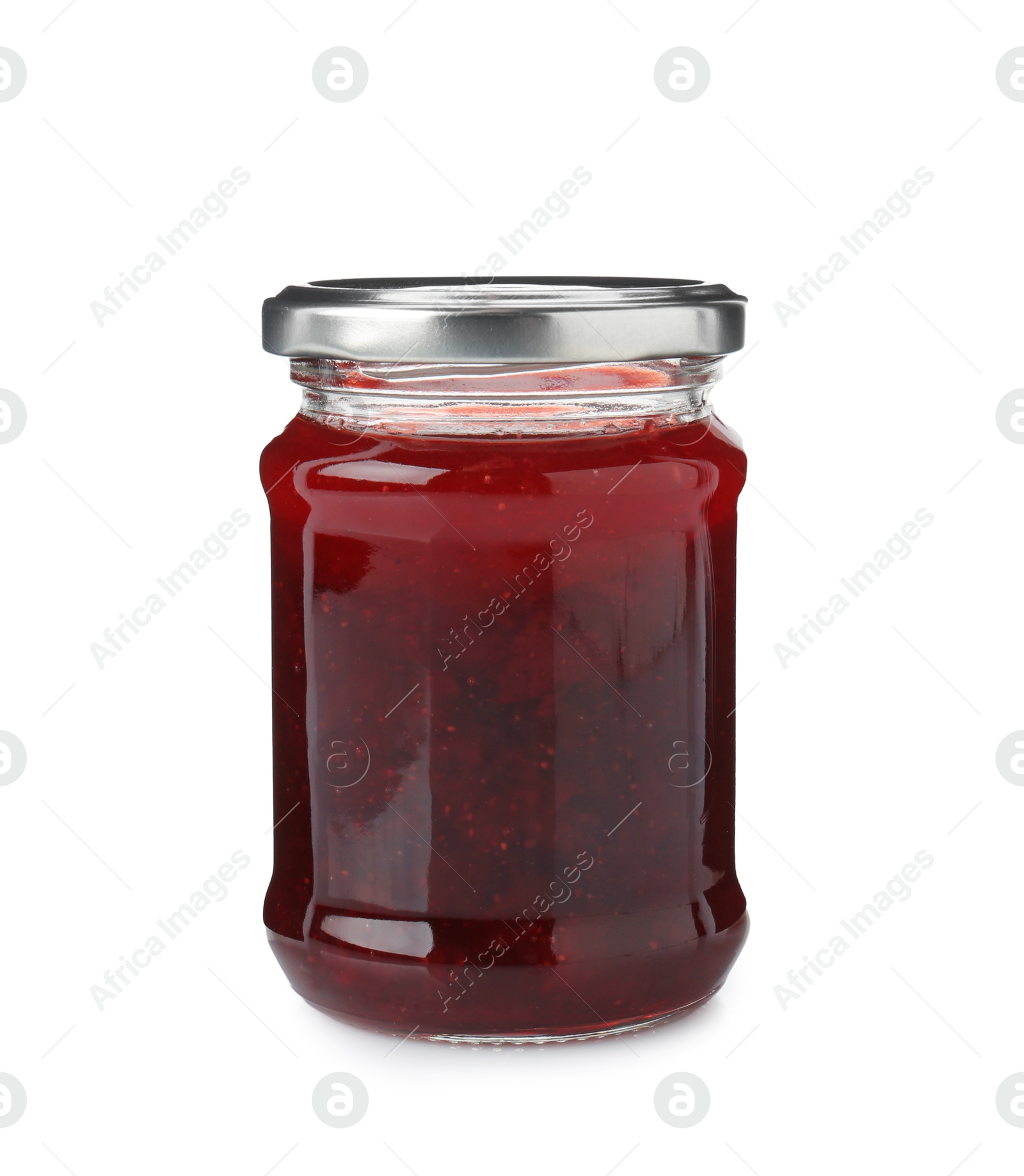 Photo of Delicious strawberry sauce in glass jar isolated on white