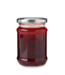 Photo of Delicious strawberry sauce in glass jar isolated on white