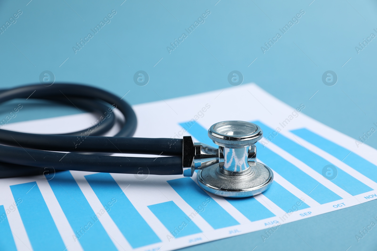 Stethoscope and chart on light background, closeup Photo of Stethoscope and chart on light background, closeup