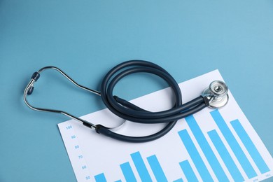 Photo of Stethoscope and chart on light background, above view
