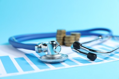 Photo of Stethoscope, chart and coins on light blue background, closeup
