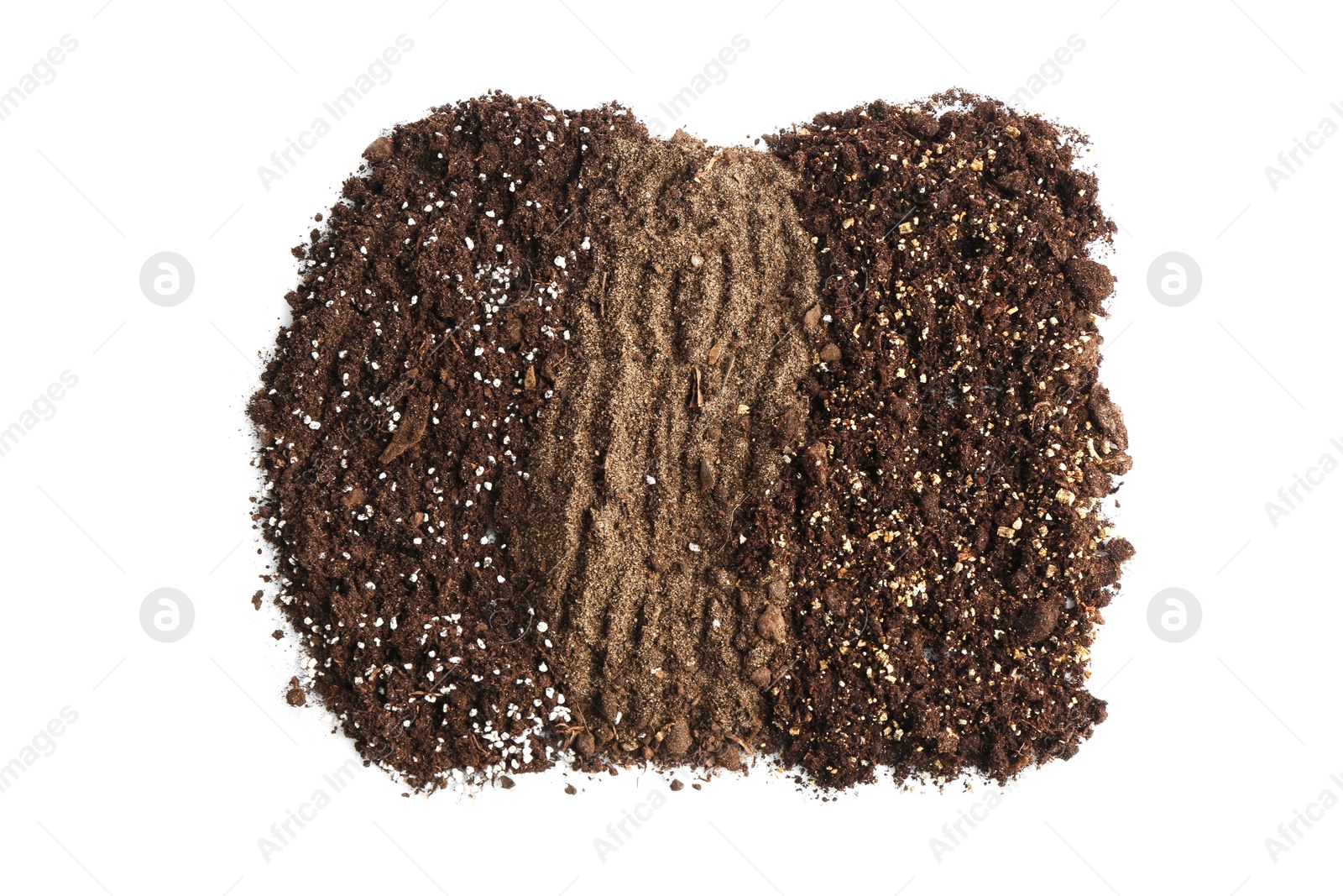 Photo of Piles of fresh soil isolated on white, top view