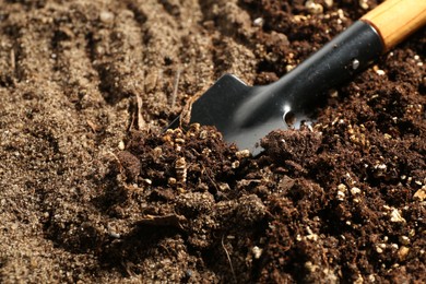 Photo of Shovel in fresh soil, closeup. Gardening tool