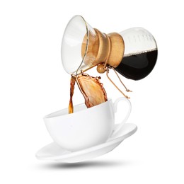 Image of Pouring freshly brewed coffee from glass coffeemaker into cup on white background