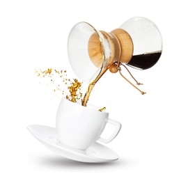 Image of Pouring freshly brewed coffee from glass coffeemaker into cup on white background